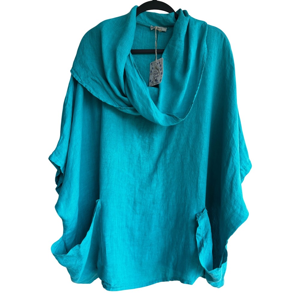 Made in Italy 100% Pure Linen Cowl Neck Poncho Tunic Top Turquoise Lagenlook O/S